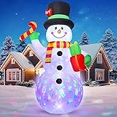 FunFanso 7 FT Christmas Inflatable Snowman Outdoor Decoration, Giant Blow up Snowman Holds Candy and Gift Boxes, Built-in Rotating Colourful Lights for Yard, Garden, Patio, Lawn Xmas Holiday Decor