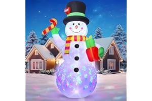 FunFanso 7FT Christmas Inflatable Snowman Outdoor Decoration, Giant Blow up Snowman Holds Candy and Gift Boxes, Built-in Rotating Colourful Lights for Yard, Garden, Patio, Lawn Xmas Holiday Decor