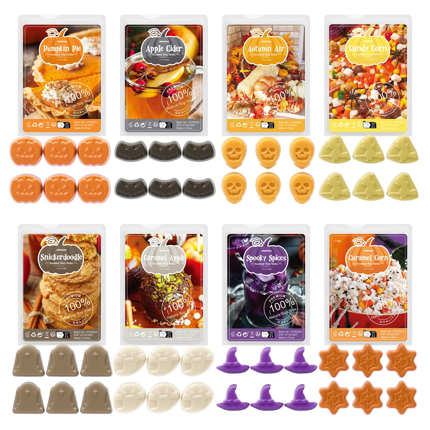 Photo 1 of **MELTED PIECES**ARVIDSSON Halloween Scented Wax Melts, Fall Soy Wax Cubes for Wax Warmer, Strong Scent Fragrance Wax Tarts, Autumn Wax Melts Gift Set, Pumpkin Pie, Spiced Cider, Candy Corn, Snickerdoodle, Autumn Air