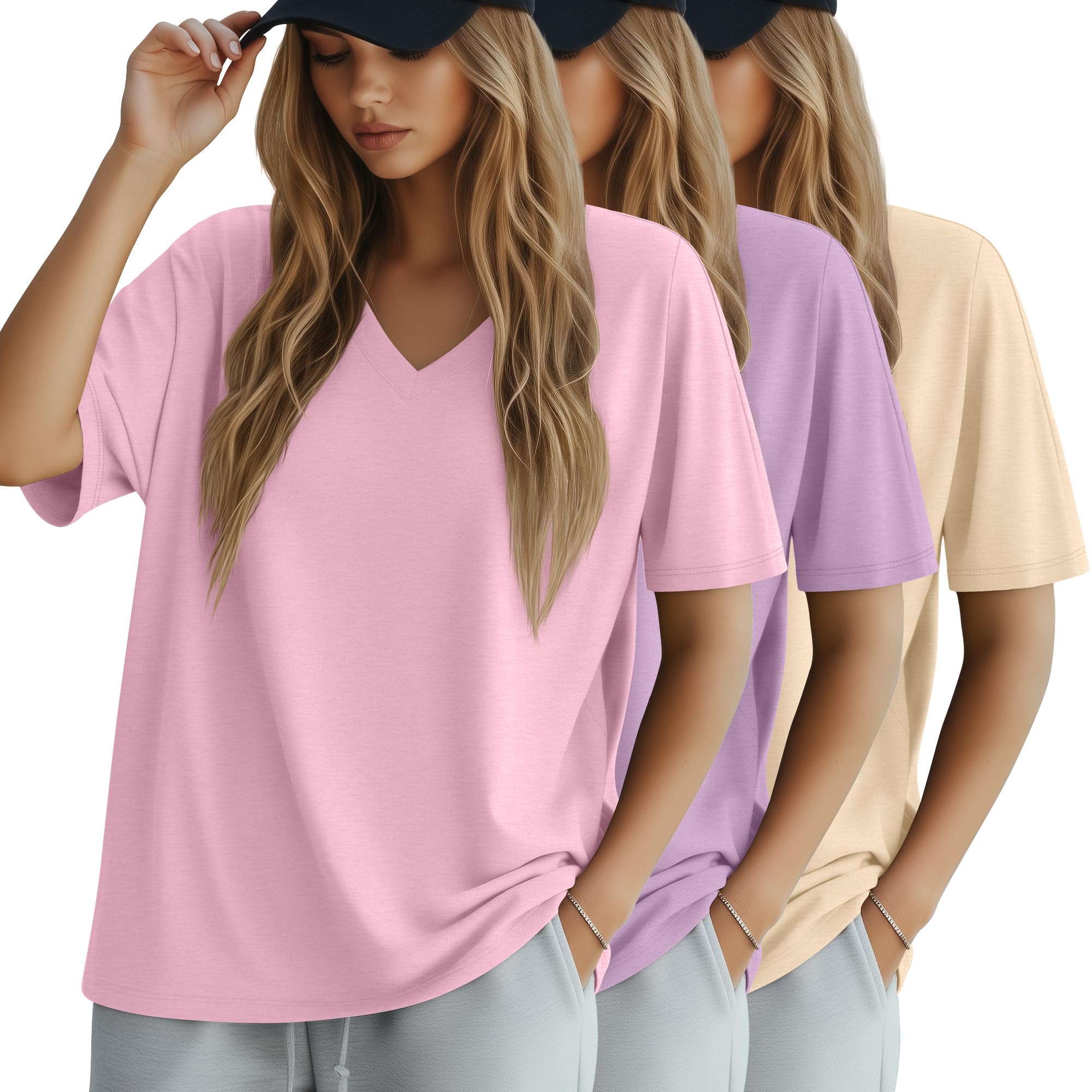 Photo 1 of Huukeay 3 Pack Women's Oversized Cotton T-Shirts V Neck Loose Fit Casual Workout Tees Soft Short Sleeve Tops(Medium,Light Pink, Light Purple, Apricot)
