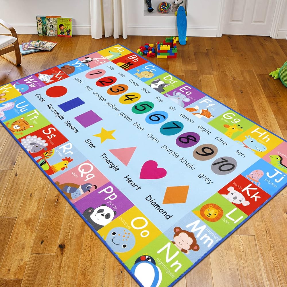 Pauwer Kids Play Rug 100x150cm ABC Numbers Shapes Educational Carpet