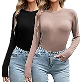 RAYONETOILE Women's Long Sleeve Shirts 2 Packs Crew Neck Stretchy Fitted Tops Base Layer Soft Thermal Undershirts Tee