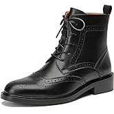 BEAU TODAY Combat Boots Womens Fall Shoes Winter Leather Ankle Boots for Women Oxfords Dressy Lace Up Wingtip Brogue Short Booties