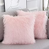 WLNUI Set of 2 Valentines Day Pink Fluffy Pillow Covers New Luxury Series Merino Style Blush Faux Fur Decorative Throw Pillow Covers Square Fuzzy Cushion Case 18x18 Inch