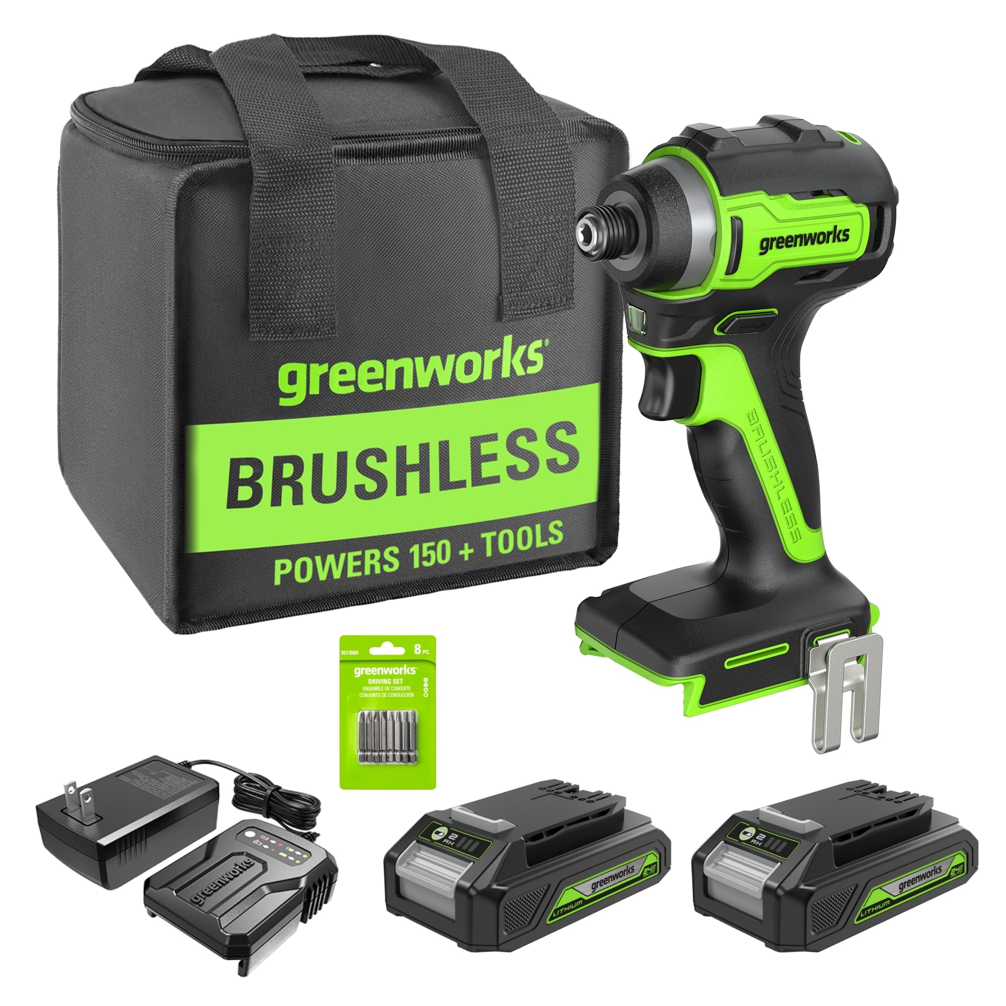 Greenworks 24V Brushless Cordless Impact Driver Kit, 1950 in./lbs Torque, 1/4'' Hex Collet, Variable Speed, 2×2Ah Batteries with 2A Charger, LED Light, 8pcs Drill/Driver Bits with Tool Bag