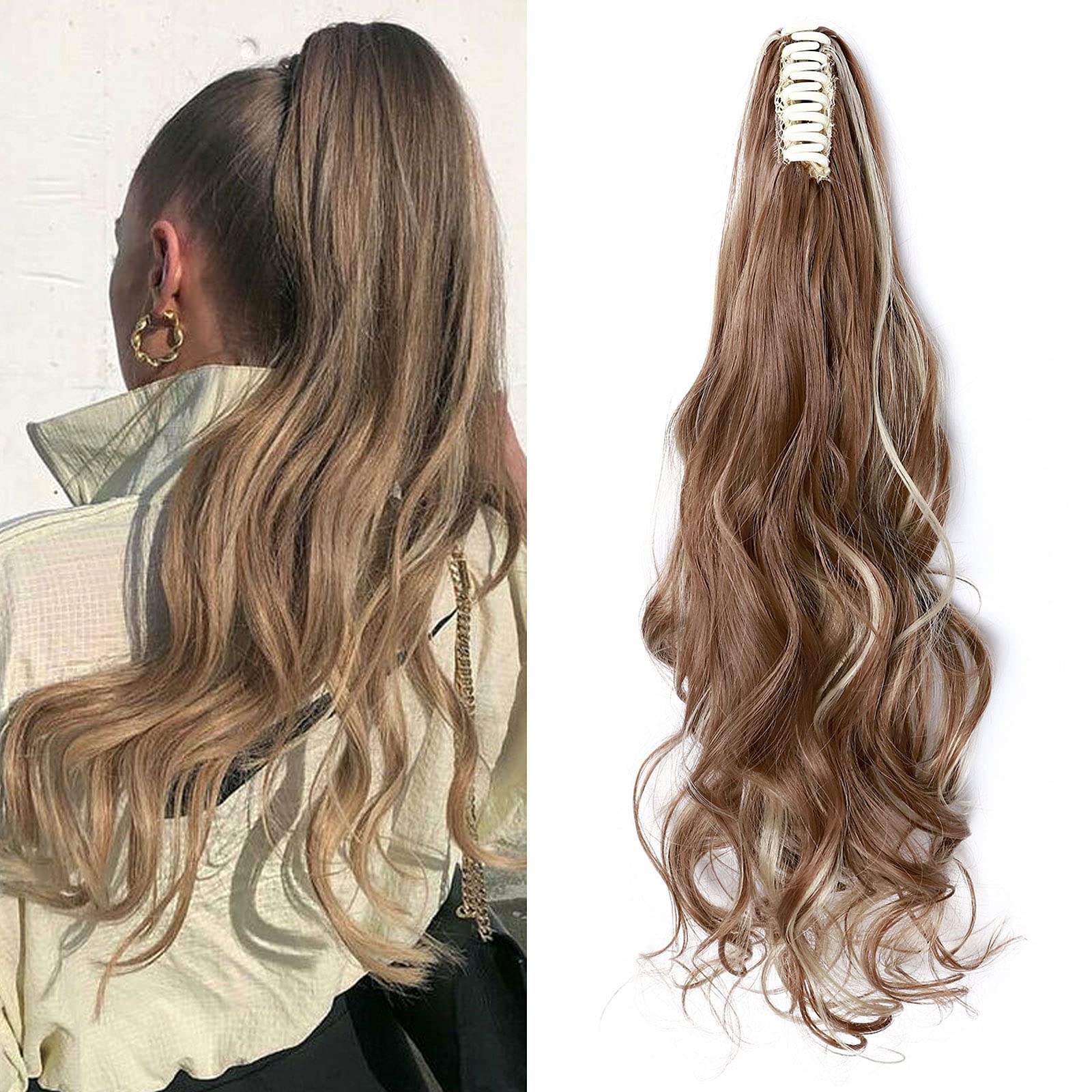 Fashion Ponytail Hair Extension Claw Curly Wavy Straight Clip in ponytail Hairpiece One Piece fake hair Ponytails for Women 24” Curly Light brown & ash blonde