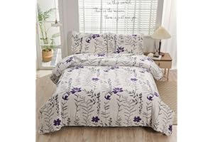 GREEN ESSEN Floral Bedding Quilts Full/Queen Purple Gray Flower Bedspreads Leaves Quilt Breathable Blossom Coverlet Bontanical Bed Cover Soft Microfiber Blanket Garden Home Decor