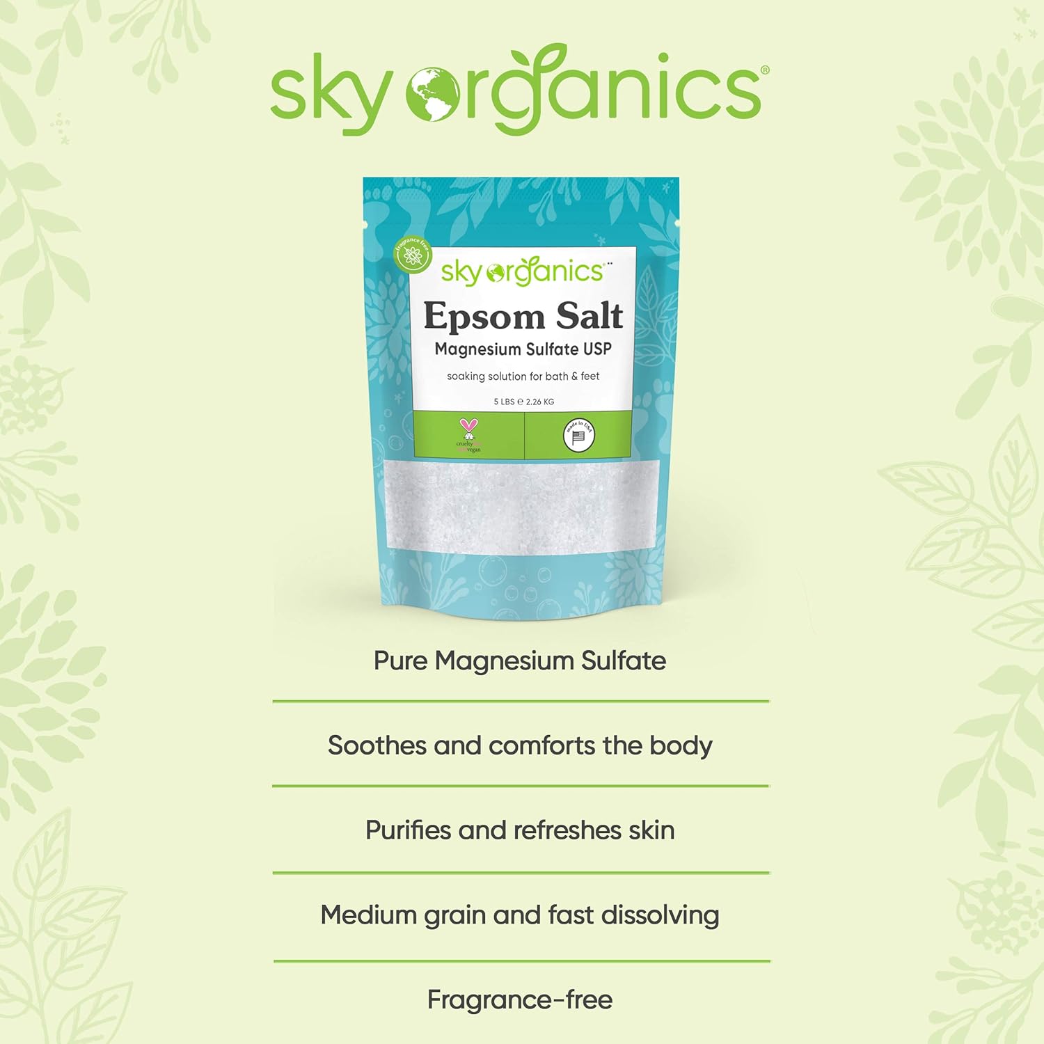 Epsom Salt by Sky Organics (5 lbs.) - 100% Pure Magnesium Sulfate USP Grade Kosher Non-GMO – Bath and Foot Soak Soothing Body Soak. Made in USA : Beauty