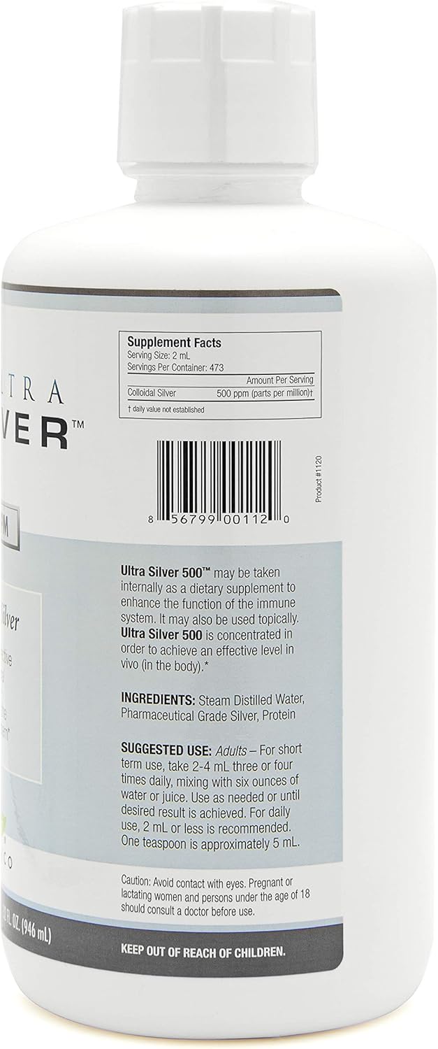 Ultra Silver® Colloidal Silver | 500 PPM, 32 Oz (946mL) | Mineral Supplement | True Colloidal Silver - 4 oz Dropper Bottle (Empty) Included for Dispensing!: Health & Personal Care