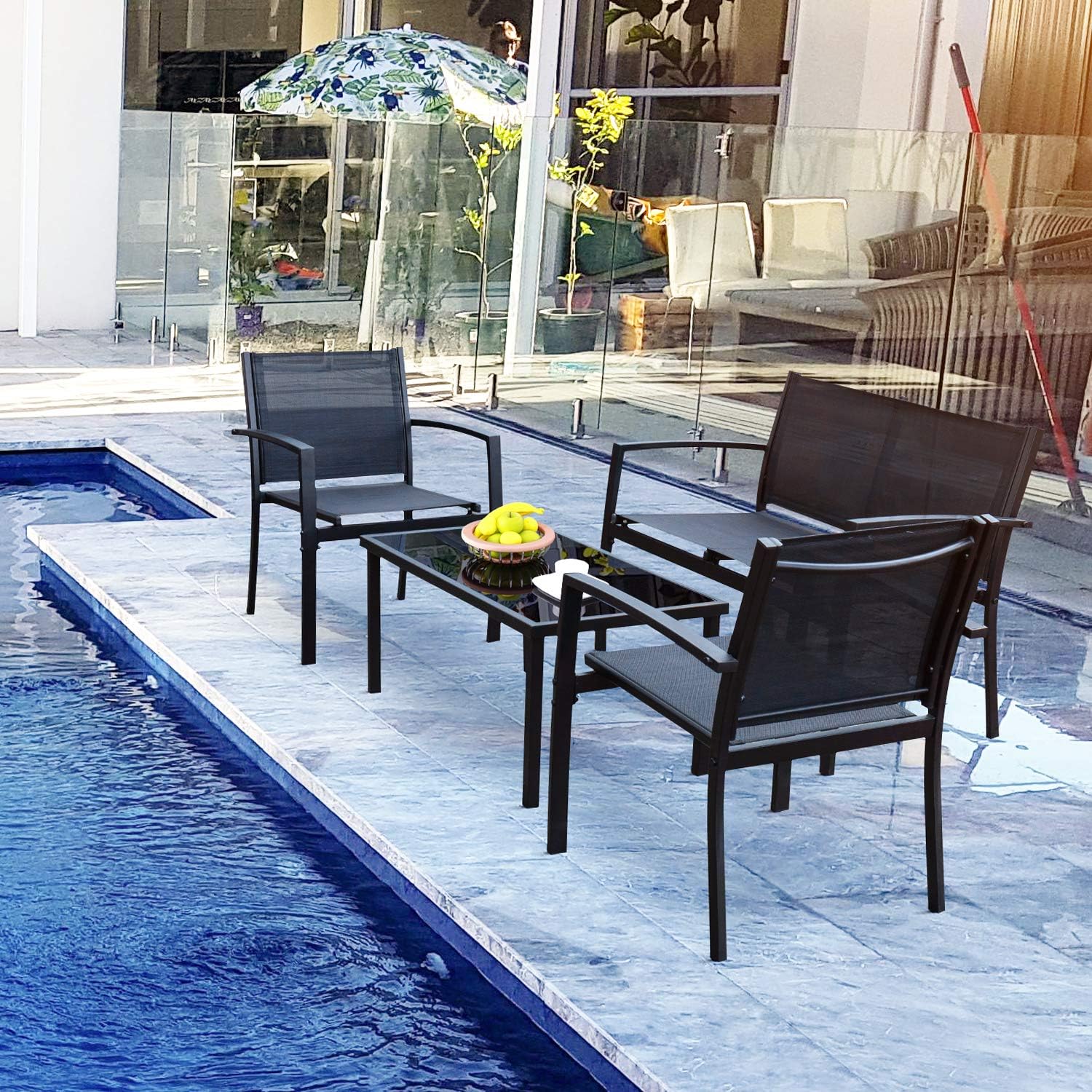 Flamaker 4 Pieces Patio Furniture Outdoor furniture Outdoor Patio Furniture Set Textilene Bistro Set Modern Conversation Set Black Bistro Set with Loveseat Tea Table for Home, Lawn and Balcony (Black): Garden & Outdoor