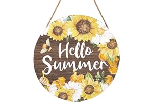 HAROONI Hello Summer Sign 12 x 12 Inch Summer Themed Sunflower Welcome Sign Front Door Decor Farmhouse Porch Decoration Sunflower Round Wooden Hanging Sign for Home Garden Farmhouse Yard