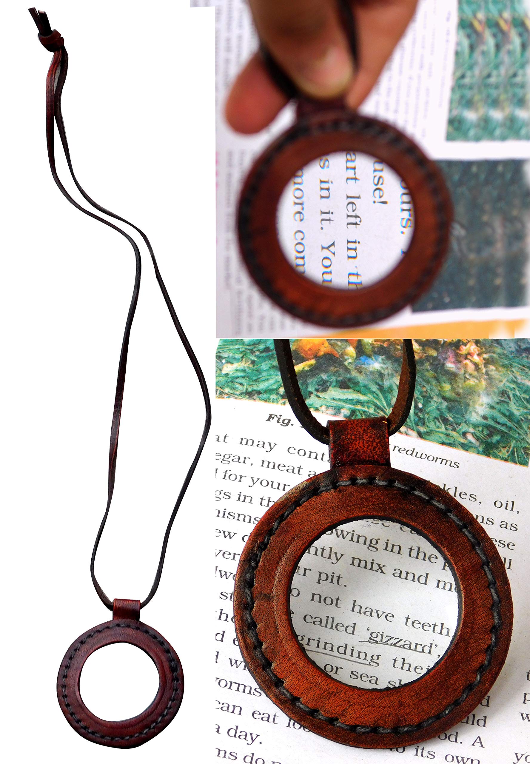 Sara Nautical Nautical Vintage Leather Strap Necklace Magnifying Glass Magnifier Pendant