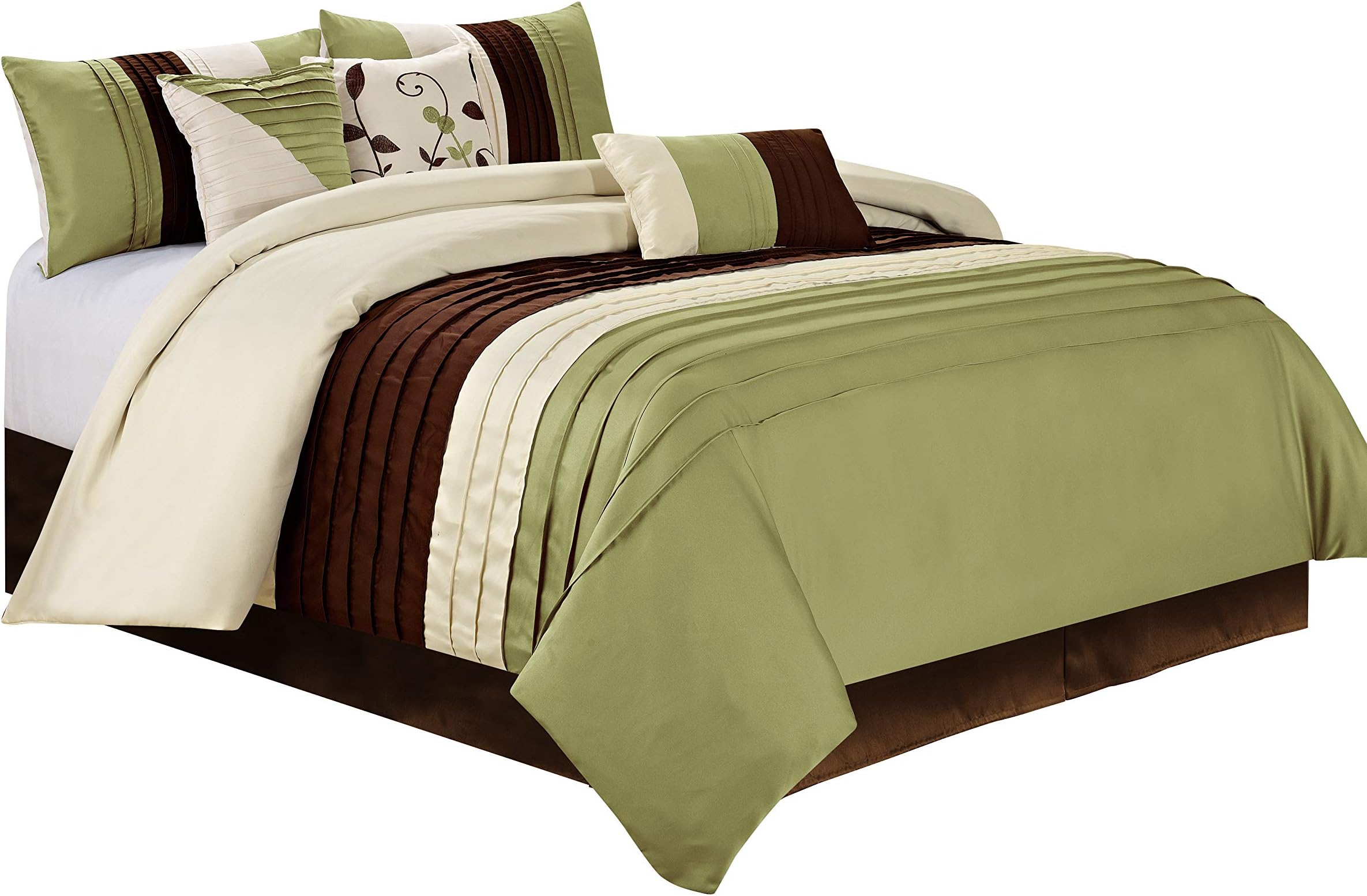 BEDnLINENS 7 Piece Eden Patchwork and Pintuck Comforter Set Queen King Calking Size (Queen, Sage)