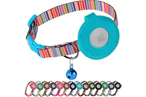 BUDKAS Airtag Cat Collar with Bell - Non Breakaway Soft Pet Collar with Leather Air Tag Holder - Adjustable GPS Anti-Lost Collars for Girl Boy Cats Kitten Puppies, Lightweight and Patterned (Striped)
