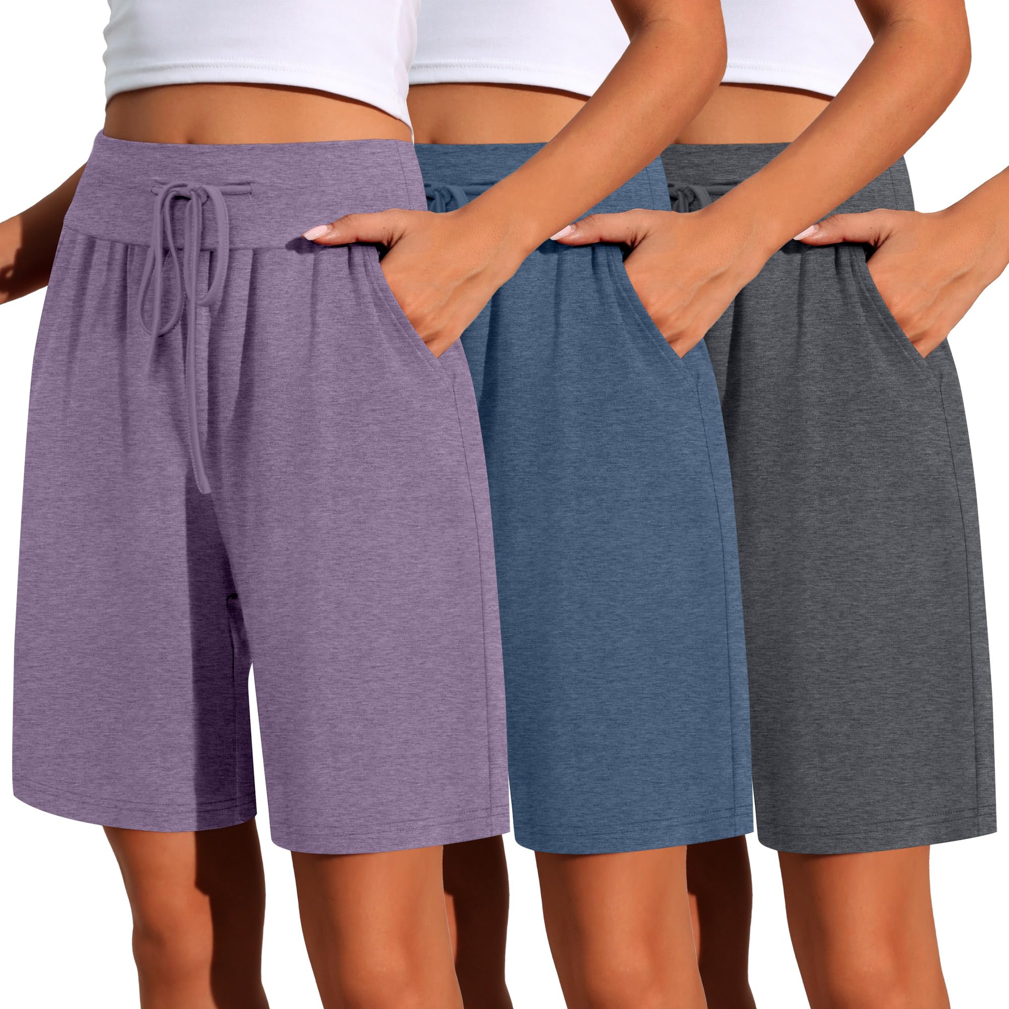 Photo 1 of Neer 3 Pack Cotton Bermuda Shorts for Women Wide Leg High Waisted Drawstring Gym Shorts with Pocket(Lavender, Haze Blue, Dark Gray,L)