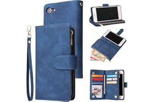 UEEBAI Wallet Case for iPhone SE 2022 5G/iPhone 7/iPhone 8/iPhone SE 2020, Premium PU Leather Magnetic Handbag Zipper Pocket Card Slots with Wrist Strap Flip Case for iPhone SE3/SE2 - Blue