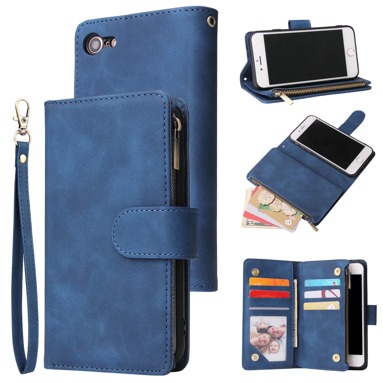 UEEBAI Wallet Case for iPhone 7/8/SE 2022 5G/SE 2020, Premium PU Leather Magnetic Handbag Zipper Case Kickstand Card Slots Wrist Strap Flip Cover for iPhone SE3/SE2 - Blue