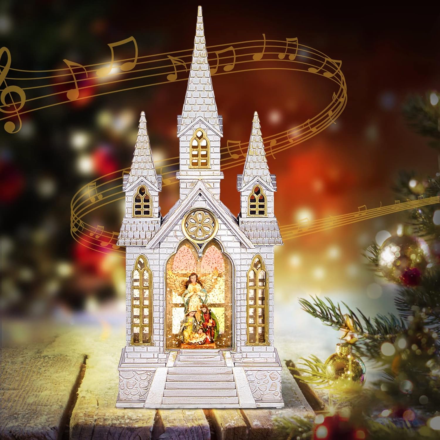 Snow Globes - Church Snow Globe Lighted,Christmas Snow Lantern,Angel holy Family Nativity Christmas Eve Glitter Snow Globe with Musical,Christian Decorations Indoor,2 Way Powered