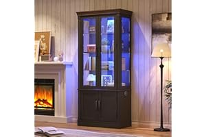 St.Mandyu 71" Tall Display Cabinet with Glass Doors, 4-Tier Lighted Curio Cabinets with 2 Storage Doors and Metal Handle for Living Room, Home, Kitchen, Black