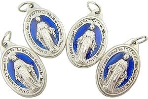 Religious Gifts Men's or Women's Catholic Silver Tone and Royal Blue Miraculous Medal Mary Devotional Charm Pendant, Set of 4