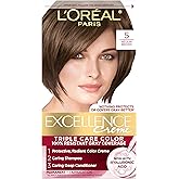 L'Oreal Paris Excellence Crème Permanent Hair Dye, Triple Care Hair Color with Hyaluronic Acid for 100% Gray Coverage, 5 Medium Brown, 1 Kit (Packaging May Vary)