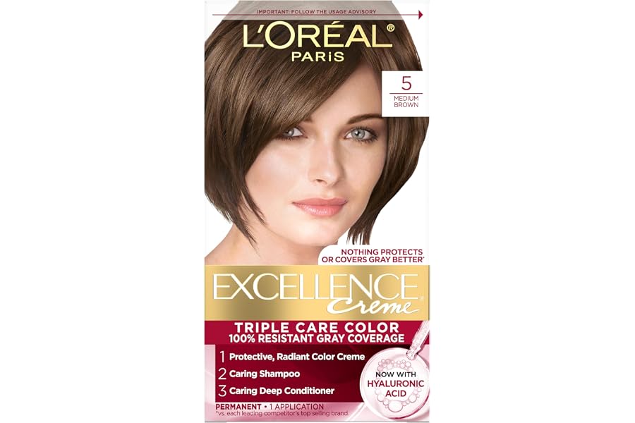 L'Oreal Paris Excellence Crème Permanent Hair Dye, Triple Care Hair Color with Hyaluronic Acid for 100% Gray Coverage, 5 Medi