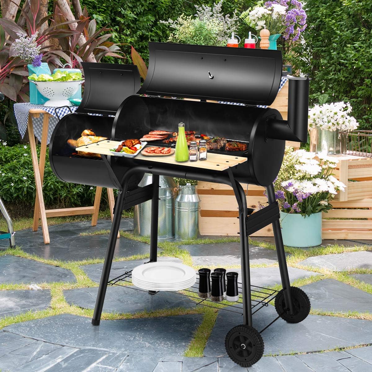 HAPPYGRILL Professional BBQ Grill Large Barbecue Charcoal Grill Oven with Non Stick Baking Mats, Removable Charcoal Grill with Wheels for Outdoor Patio Party