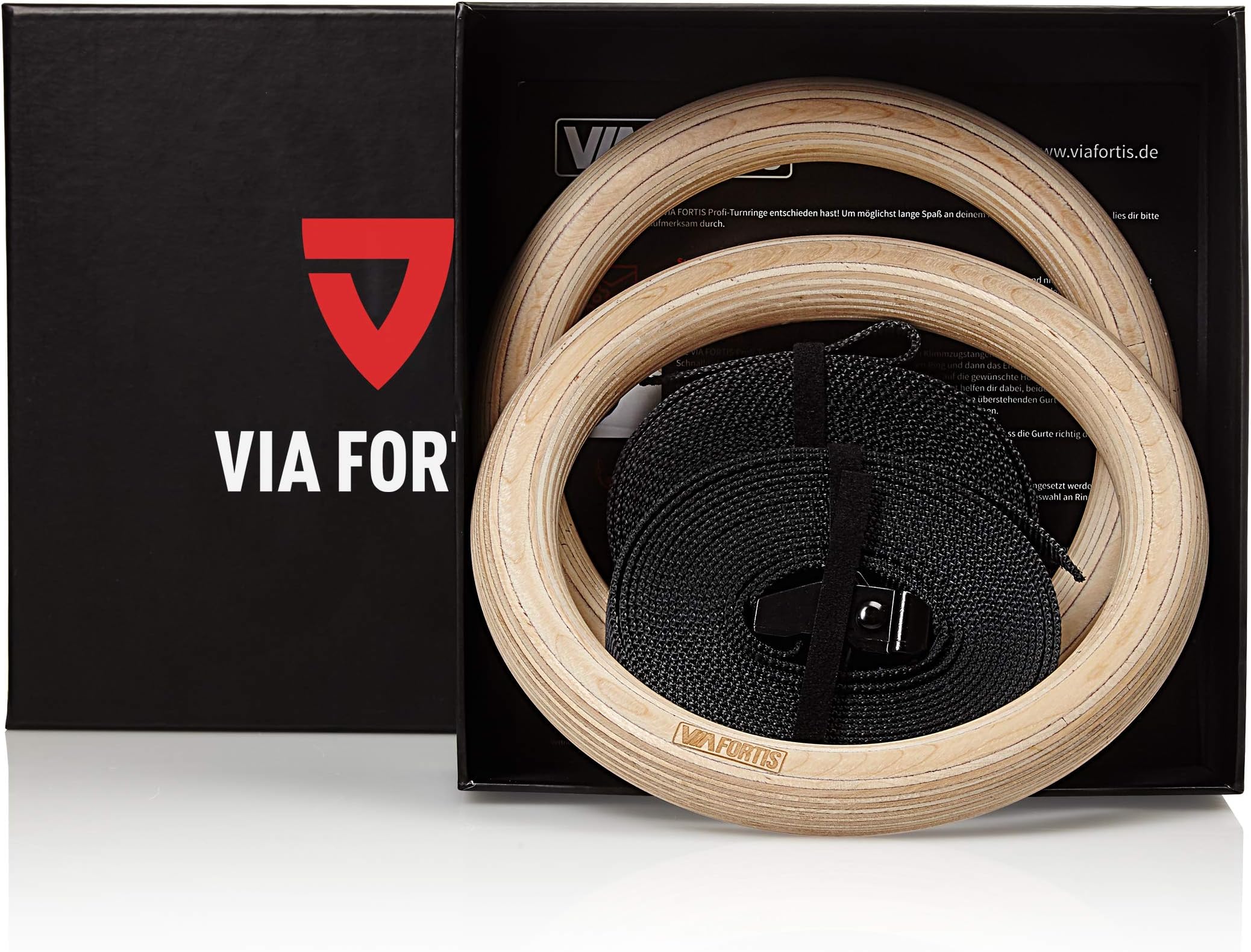 Via Fortis Premium Wooden Gymnastics Rings with Bag – Gym Rings for CALIST Henics & Crossfit – Extra Wide Belt with Markings – Competition Design