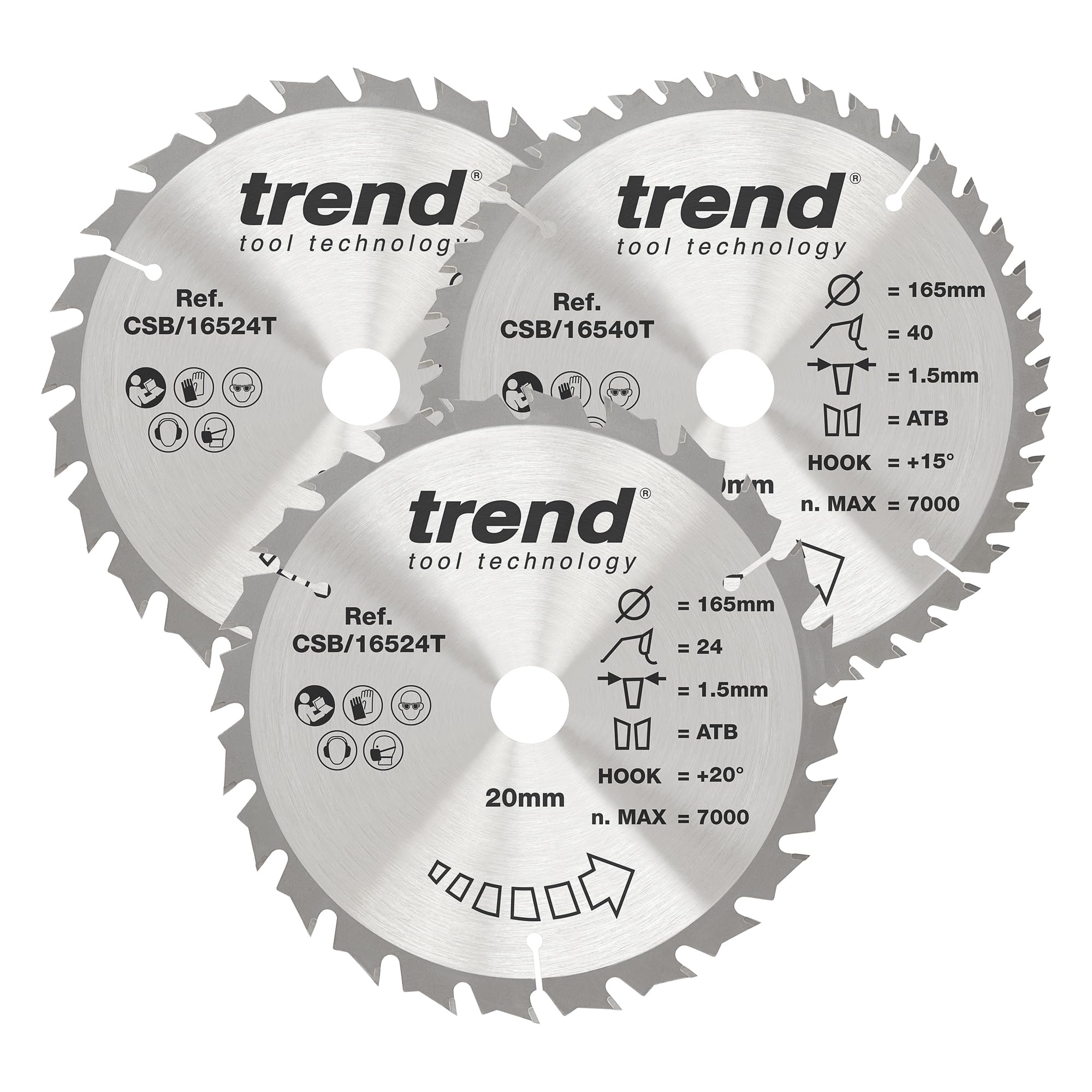 Trend Wood Cordless Circular Saw Blades, 165mm Diameter, 20mm Bore, 24/40 Teeth, 1.5mm Kerf, +15° Hook, TCT, Medium/Fine Finish, 3 Pack, CSB/165/3PK/C
