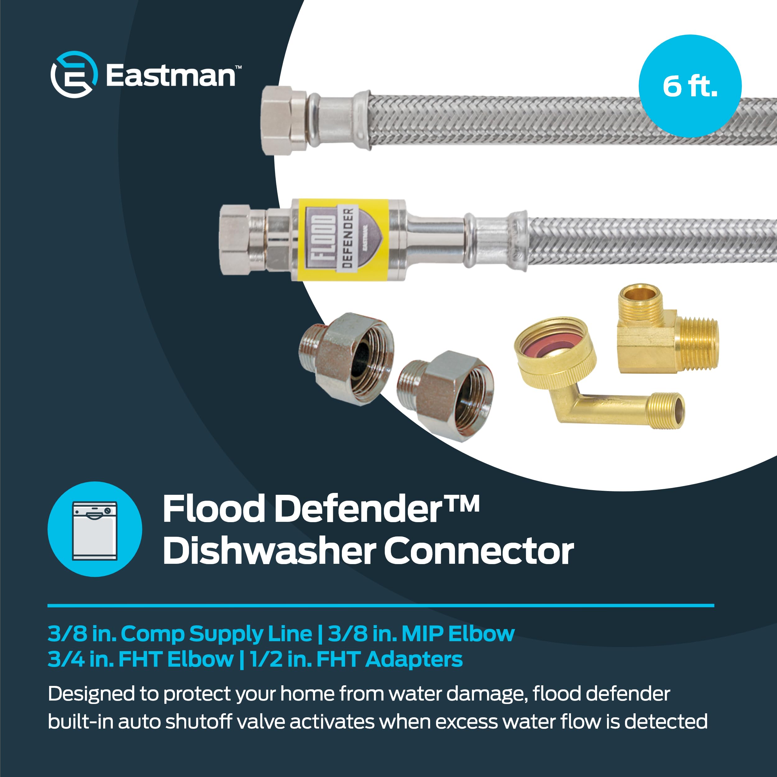 Eastman Flood Defender Dishwasher Installation Kit, 6 Foot Supply Line with Adapters, Auto Shutoff Valve, 3/8 Inch MIP x 3/4 Inch FHT Elbows, 98556