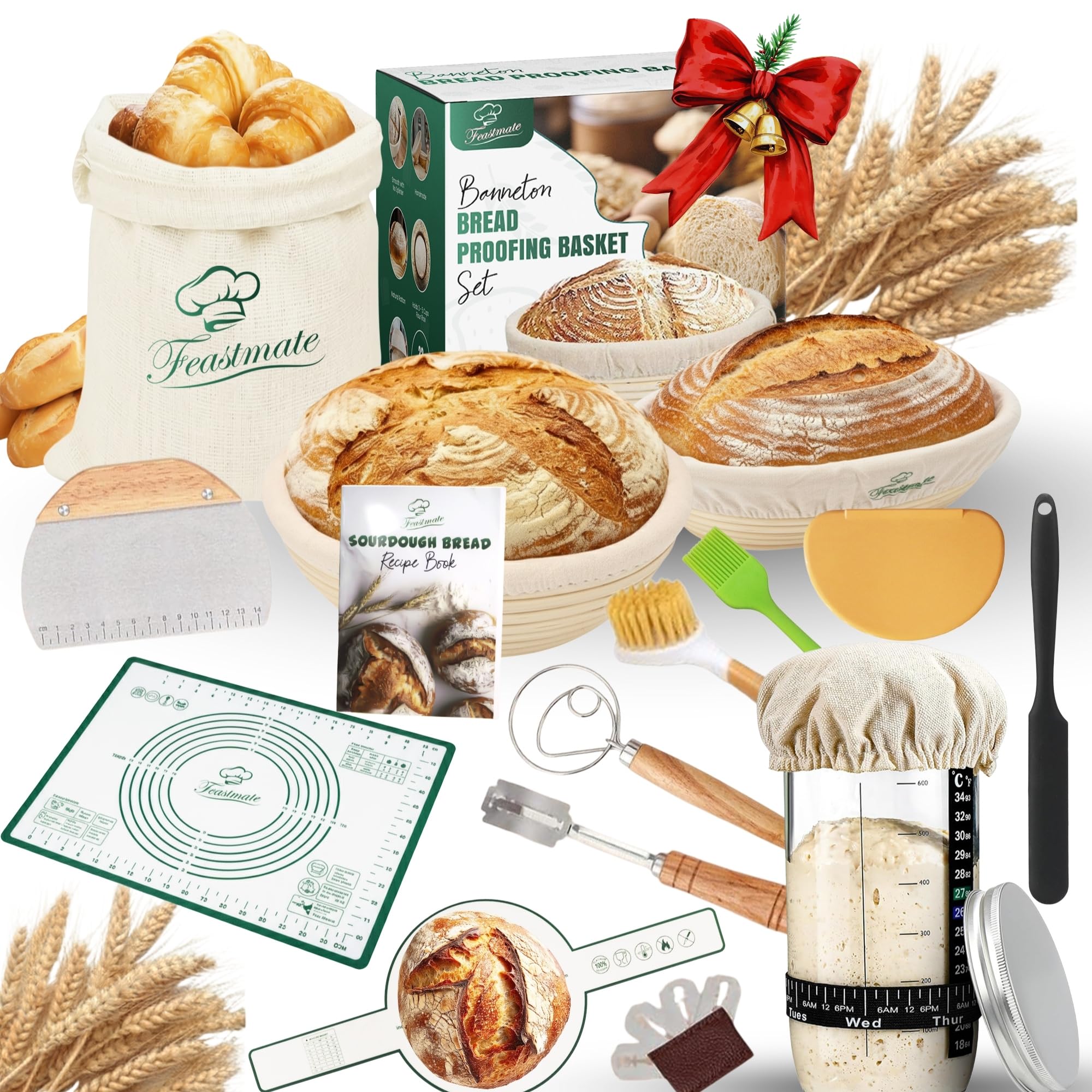 Photo 1 of *MISSING PARTS*
Feastmate Sourdough Starter Kit - Banneton Bread Proofing Basket Set with Liners, Sourdough Bread Baking Supplies & Bread Making Tools - Includes two Banneton Basket, Tools with Sling & Kneading Pad