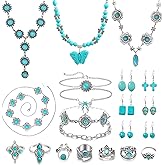 Xiokyo Western Turquoise Jewelry for Women Boho Rings Necklaces Bohemian Earrings Concho Belt Bracelets Set