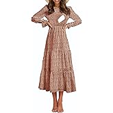 CzzzyL Women's Nursing Dress Flounces Long Sleeve Crew Neck Smocked Bodice Ruched Elastic Waist Tiered Midi with Pockets