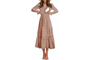 CzzzyL Women's Nursing Dress Flounces Long Sleeve Crew Neck Smocked Bodice Ruched Elastic Waist Tiered Midi with Pockets