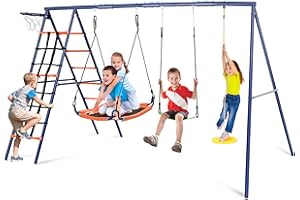 SIHANM Swing Set for Backyard - 6 in 1 Multifunction Kids Swing Set Heavy Duty 550 lbs Outdoor Extra Large Metal Swing Frame with 3 Adjustable Swing Climbing Net Ladder Basketball Hoop