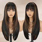 NOVFLKW Highlight Long Straight Layered Wig with Bangs for Women 26 inch Highlight Brown Put on Go Realistic Synthetic Heat Resistant Natural Wig for Girls Party Cosplay and Daily Use