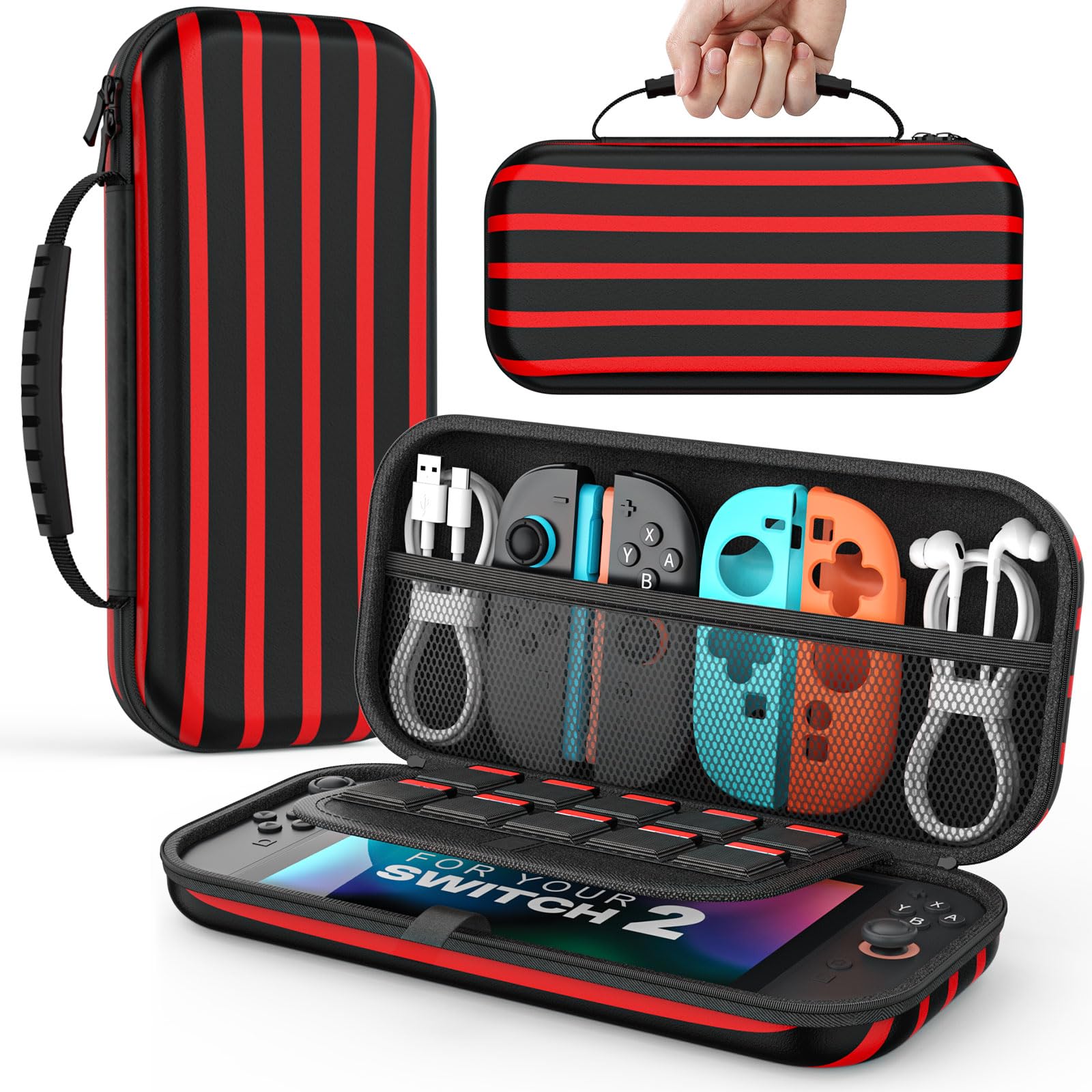 MoKo Carrying Case for Nintendo Switch 2(2025), Protective Hard Shell Portable Travel Carry Case Pouch holds 10 Cartridges with Pockets for Switch 2 Accessories and Games, Red Stripes