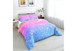 SW SETWIER Glitter Galaxy Star Duvet Cover Set King Size 3 Pieces for Teens Boys Girls Colorful Rainbow Space Starry Bedding Comforter Cover Soft Microfiber Bed Cover Pink Purple Gradient