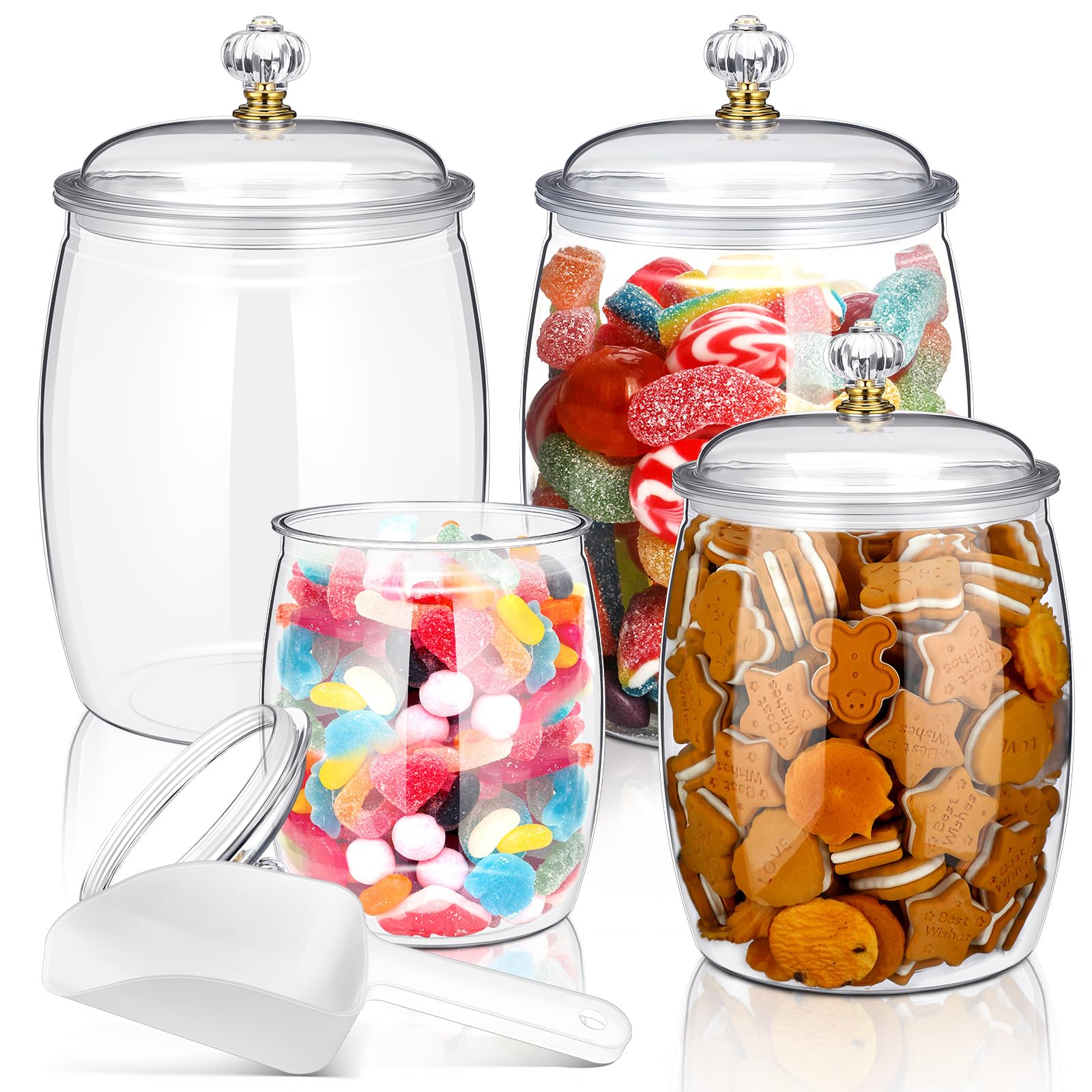Photo 1 of Nuogo 4 Pcs Plastic Candy and Cookie Jars with Lids Clear Cookie Container Candy Jars Large Airtight Apothecary Storage Organization for Wedding Home Kitchen Bar(42/64/90 oz)