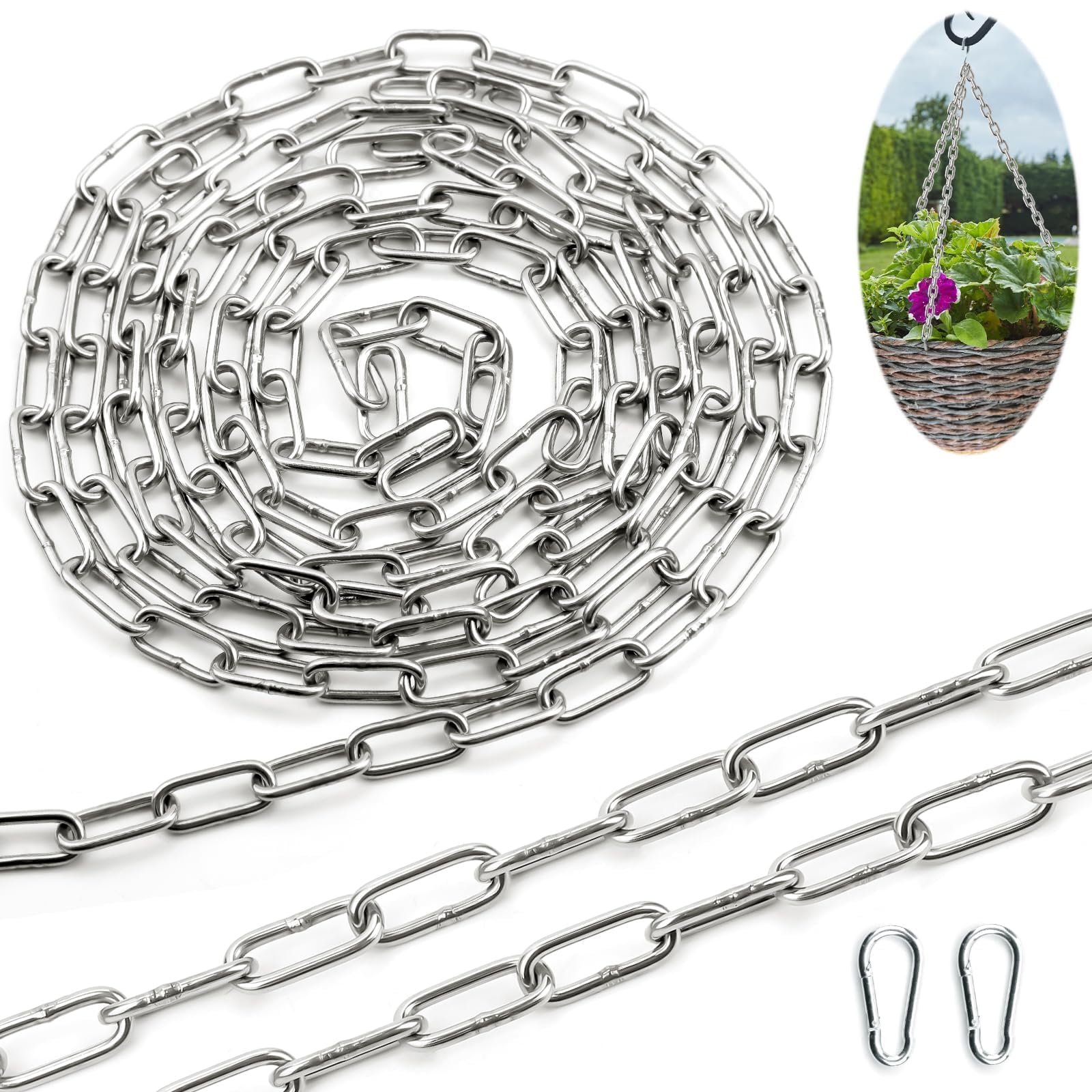 SWTYExt 304 Stainless Steel Heavy Duty Chain - 3 MM, 1.5 Metre Metal Chain with Carabiner for Gate, Padlock, Outdoor Lifting, Hanging, Swing, Bike, Cycle Lock