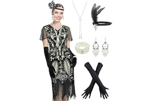 Letter Love Women 1920s Gatsby Vintage Sequin Flapper Fringe Party Plus Dress With 20s Accessories Set