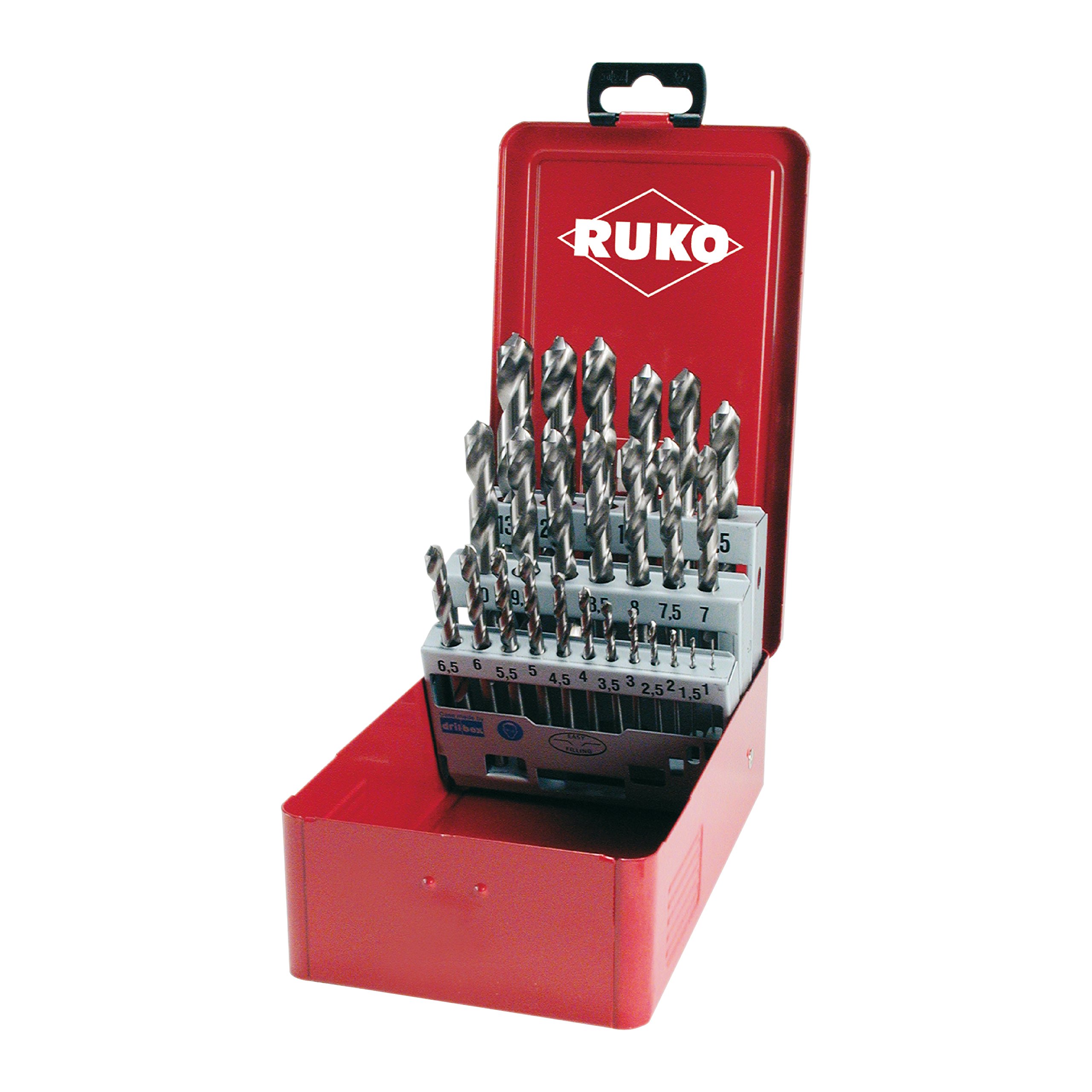 RUKO HSSE-Co 8 Twist Drill Set in Steel Case, DIN 338, Type VA, Bright Finish, 25 Pieces, R281215E