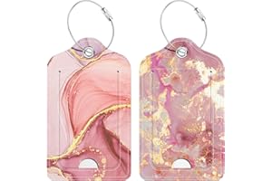 Hsxnam 2 Pack PU Leather Luggage Tags for Suitcase, Travel Cruise Luggage Tag with Privacy Flap, Name ID Label and Metal Loop for Women Men Baggage Handbag School Bag Backpack, Pink Marble