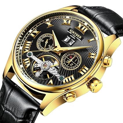Aquaasian Automatic Mechanical Chronograph 3ATM Water-resistant Golden Silver Black Leather Strap Quartz Mens Watch