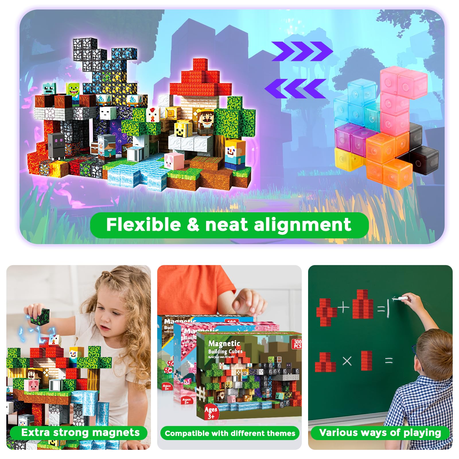 300 PCS Magnetic Blocks - Magnetic Building Blocks, Stacking Magnets for Kids, Sensory Toy for STEM Montessori Sensory Toys for Kids 3+ Boys and Girls Christmas Birthday Gifts