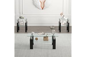 YOUGUO Glass Coffee Table Set of 3, 3-Piece Living Room Tables with Tempered Glass and Metal Frame, Coffee and End Table Sets, Clear