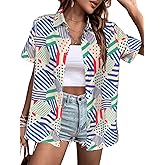 80s 90s Outfits Women Hawaiian Retro Birthday Party Button Down Shirts Disco Neon Short Sleeve Blouse Tops