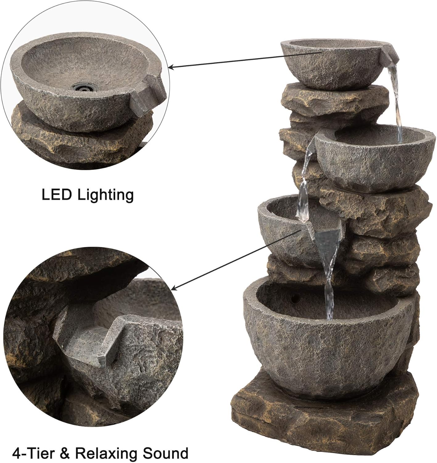 Glitzhome GH11246 Polyresin Stone 4-Tiered Bowls Fountain with LED Lights Outdoor Decorative Water Feature, 32.25" H, Gray : Garden & Outdoor