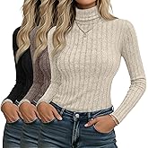 Velvelhall 3 Pack Women's Long Sleeve Turtleneck Shirts Ribbed Knit Slim Fit Undershirts Basic Thermal Underwear Tops
