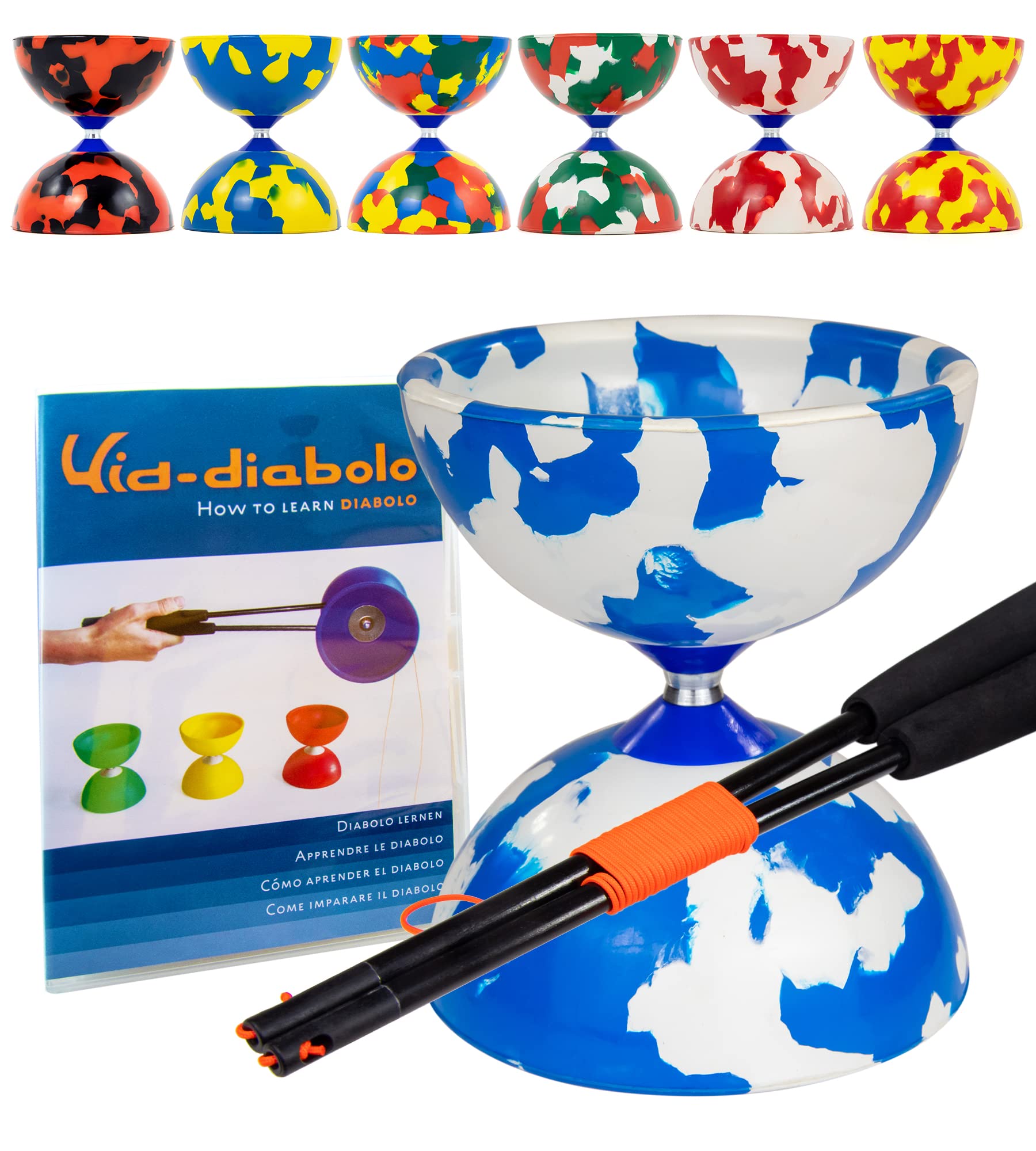 Juggle Dream Jester Diabolo Set - Fixed Axle Professional Diabolo with Super Glass Handsticks, Online Learning Video - Juggling Toy (Blue/White)